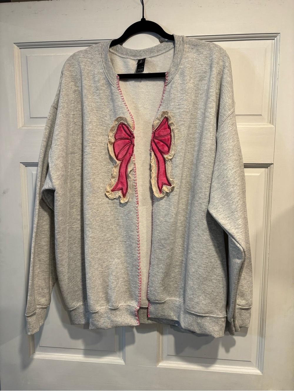 Gildan Light Gray Cardigan with Pink Bow Appliqués